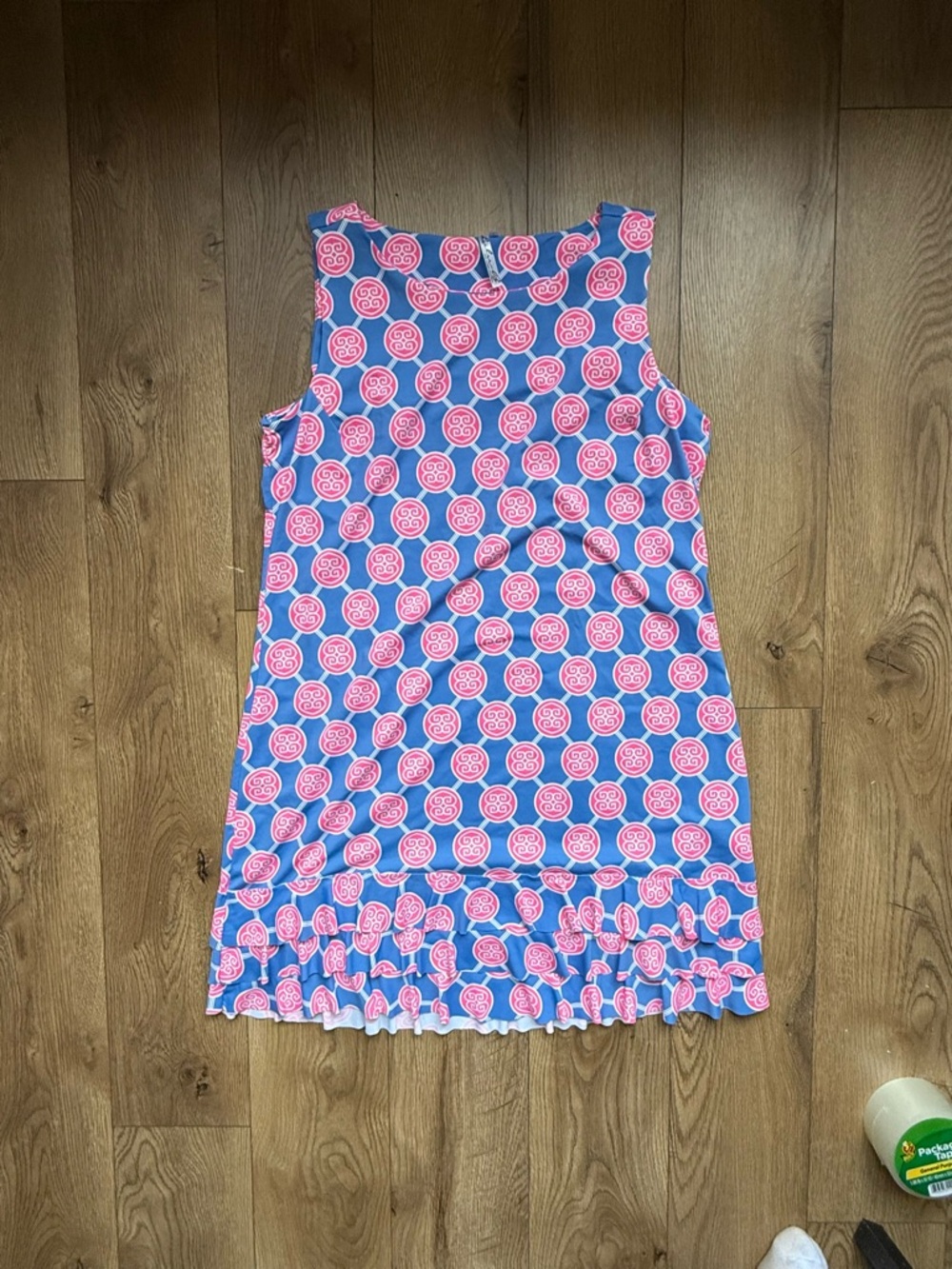 Lulu B Sleeveless Pink & Blue Circle Print Ruffle Hem Dress